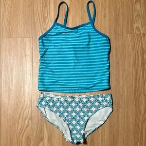 Old Navy Teal Stripe Tankini with Patterned Bottoms, size girls M 8